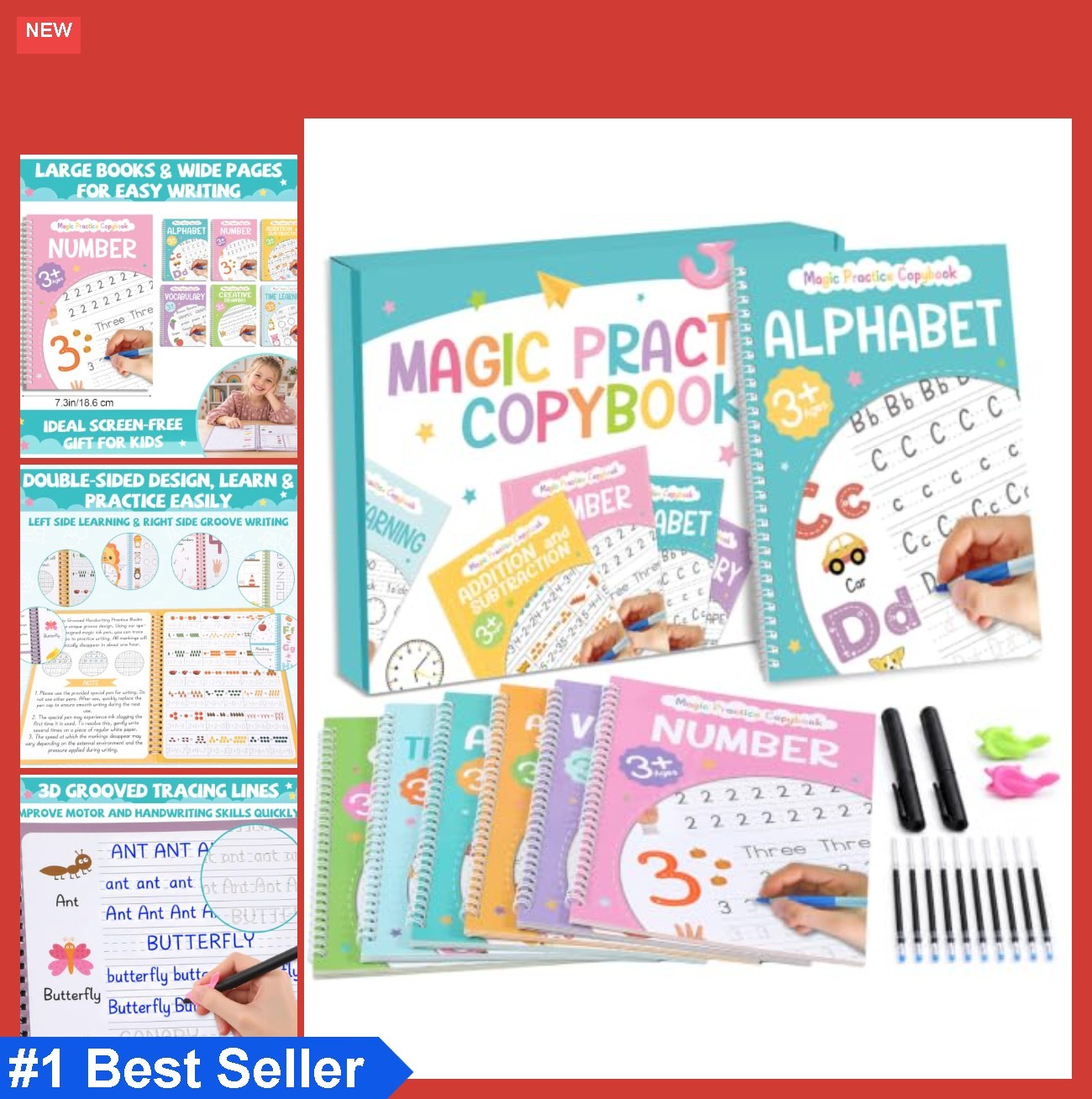 Practuce Writing Numbers Grooved Handwriting Practice Books Kids 3-10 Reusable 6 Workbooks 2 ...