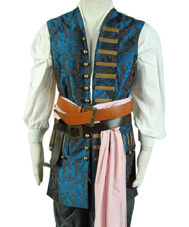 Pirates of The Caribbean 4 Jack Sparrow Cosplay Costume Halloween Blue Vest Only - Image 2 of 4