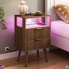 Sleek Nightstand with USB Charging, LED Lights, 2 Drawers & Open Shelf, Walnut