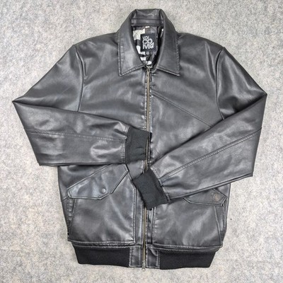Volcom Jacket Men Large Black Faux Leather Bomber Black Zip Up Moto Lined Pocket