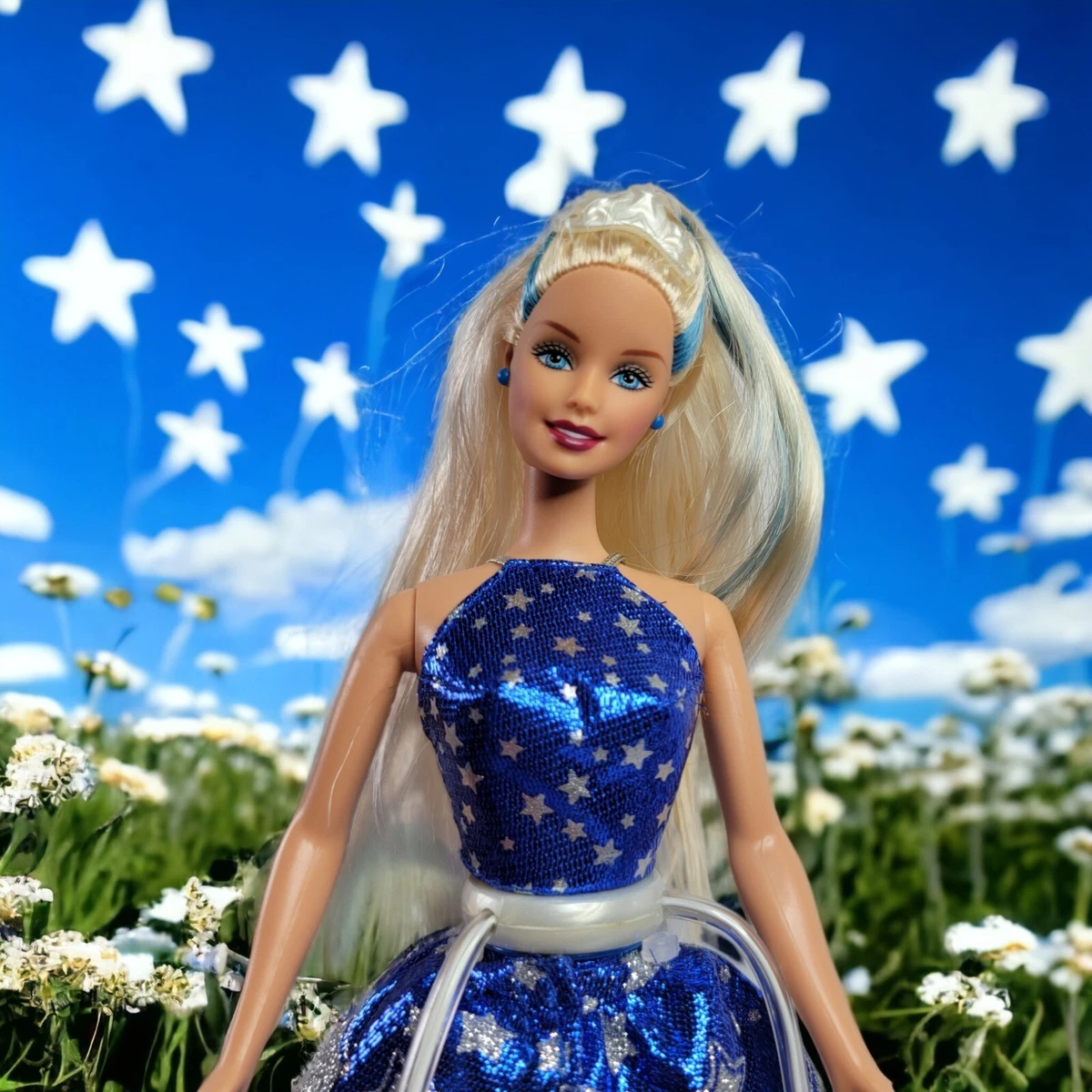 Vintage 2000 Mattel Barbie Starlight Fairy Blue Gown Silver Stars