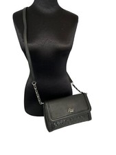 Guess Slim Flapped Crossbody Bag Black Faux Leather Purse W/Logo Panel