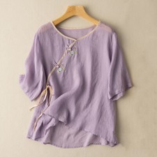 Lady Ethnic Cotton Linen T-shirt Embroidery Floral Print V Neck Loose Retro