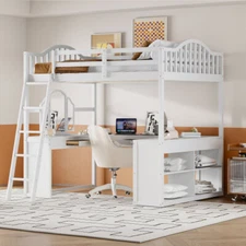 Full Size Loft Bed with U-Shaped Desk,Storage Shelves, Dresser Mirror Bed Frames
