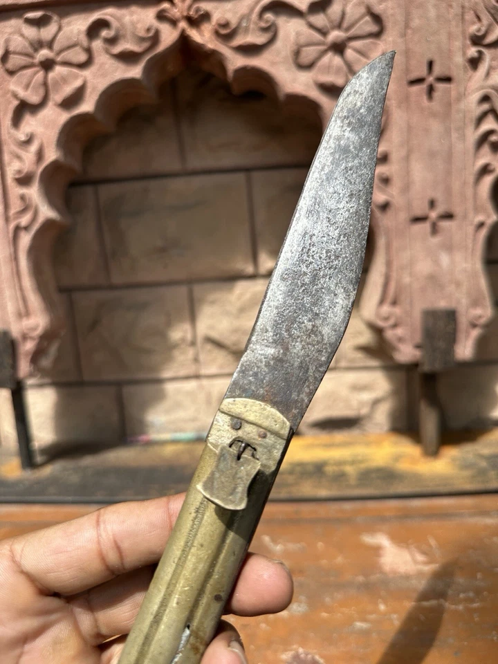 Ancient Old Rare Brass Hand Carved Beautiful Meena Work Folding Pocket Knife - Image 3 of 4