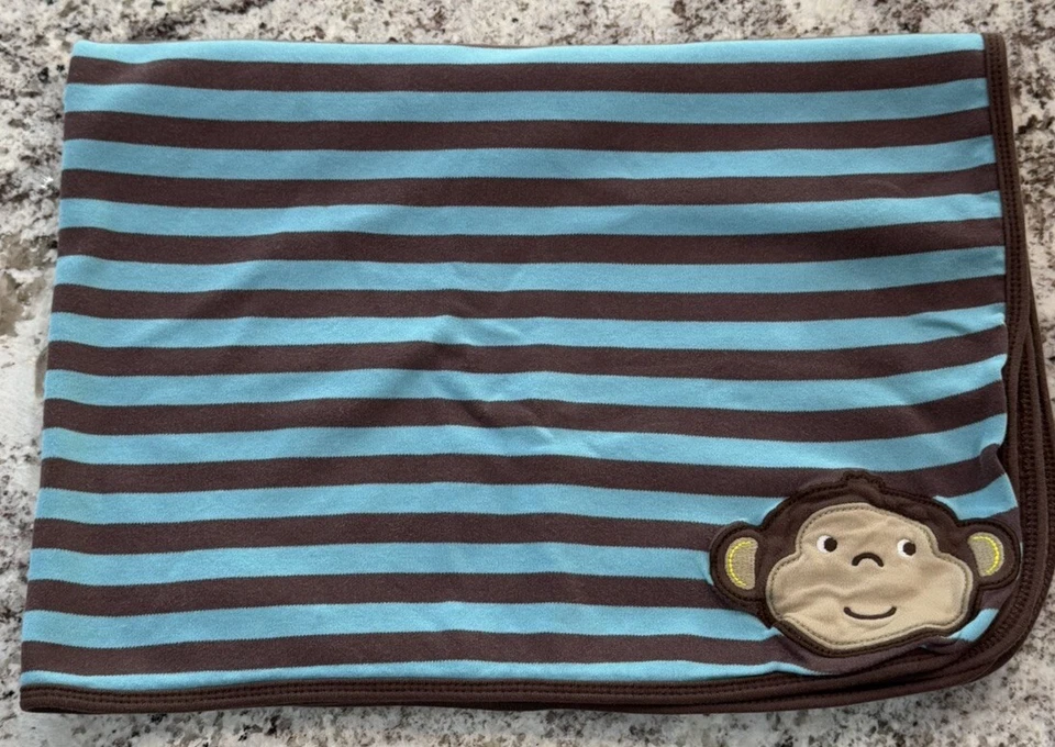 Carters обезьяна лицо хлопок ребенка прием одеяло один размер коричневый с синими полосками - Изображение 4 из 4