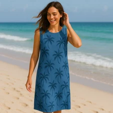 Paradise Found Womens Small Blue Palm Tree Tropical Vacation Hawaiian Midi Dress