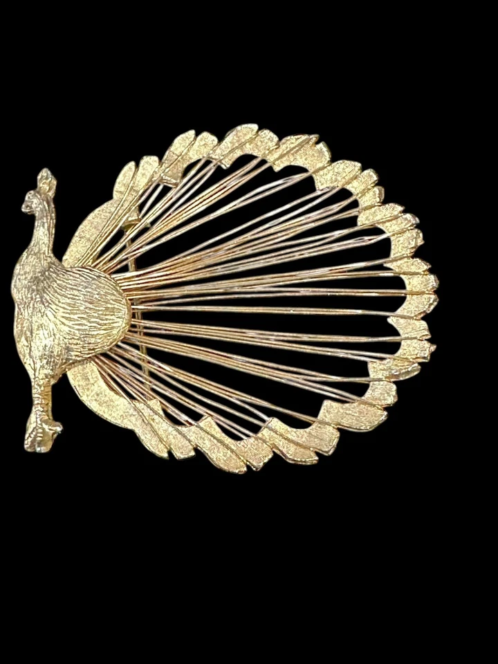 复古金色大丝包裹孔雀鸟胸针尾羽毛细节 — 第 3/4 张图片