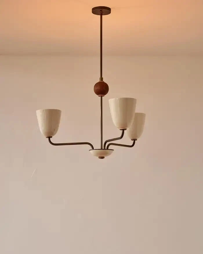 Glossy Cream Ceramic Lola Chandelier in Antique Brass 3-Arm 32.5" DIA - Image 3 of 4