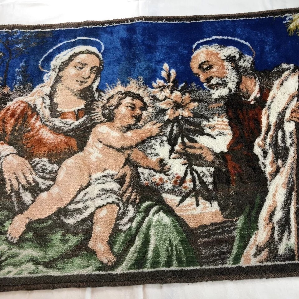 VINTAGE ITALIAN TAPESTRY Holy Family Mary Baby Jesus Joseph Rug
