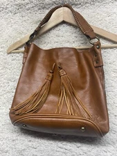 PATRICIA NASH Cognac Brown Leather Tassel Bucket Tote Shoulder Bag