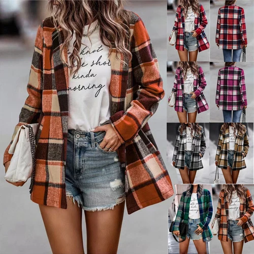 Women's loose checkered printed long sleeved cardigan- - Foto 4 di 24