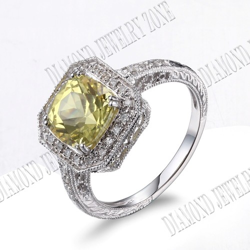 Silver Cushion 8mm Lemon Crystal SI/H Diamonds Filigree Engagement Wedding Ring - Picture 4 of 8