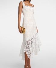 Oscar de la Renta asymmetric guipure lace-trimmed appliquéd tweed midi dress 6