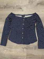 Lauren Ralph Lauren Blue Blouse White Polka Dots Bardot Long Sleeve Sz M