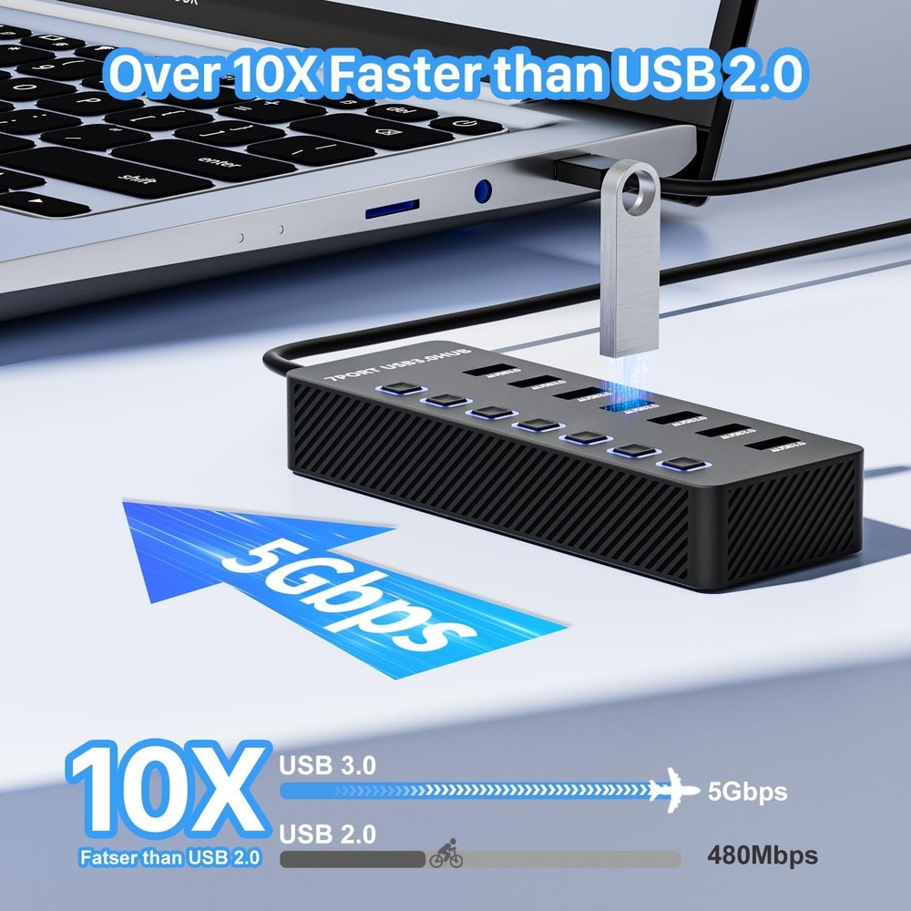 7-Port USB 3.0 Hub with Individual LED On/Off Switches and Fast Data Transfer