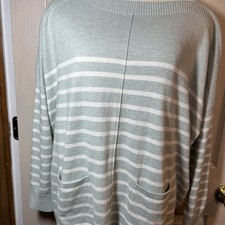 LOFT Womens Sweater Sz L/Green Stripe/Pockets/Poly-Rayon