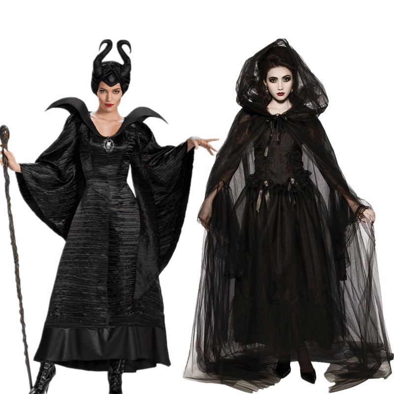 Costume Malefica Donna Ispirato Strega Oscura Gotica Mantello Nero