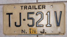 1976 NEW JERSEY TRAILER LICENSE PLATE # TJ 521V  WALLHANGER MANCAVE SIGN NJ 1976