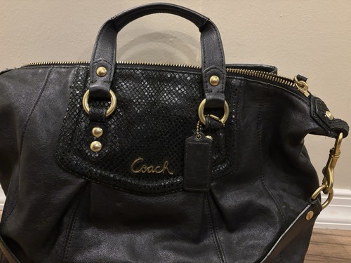 Coach Ashley Leather Convertible Satchel Shoulder Bag Black Snake Trim F19247 - Picture 3 of 12