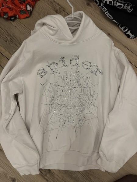 Sp5der OG Rhinestone Logo Hoodie White