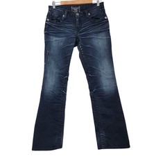 Big Star Size 30 Liv Low Boot Cut Jeans Dark Blue Signature Stitching Distressed