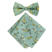 Men's Cotton Floral Print Bow Tie and Pocket Square One Size 72-green Yellow