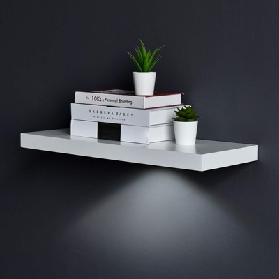 White Floating Shelf with Touch-Sensing Battery Powered LED Light,Wall Mounte...