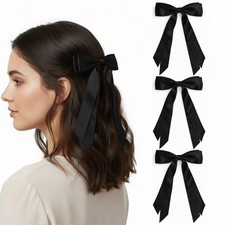 3Pcs Black Large Hair Bows Alligator Clip 7.8" Solid Satin Polyester Bow Hair...