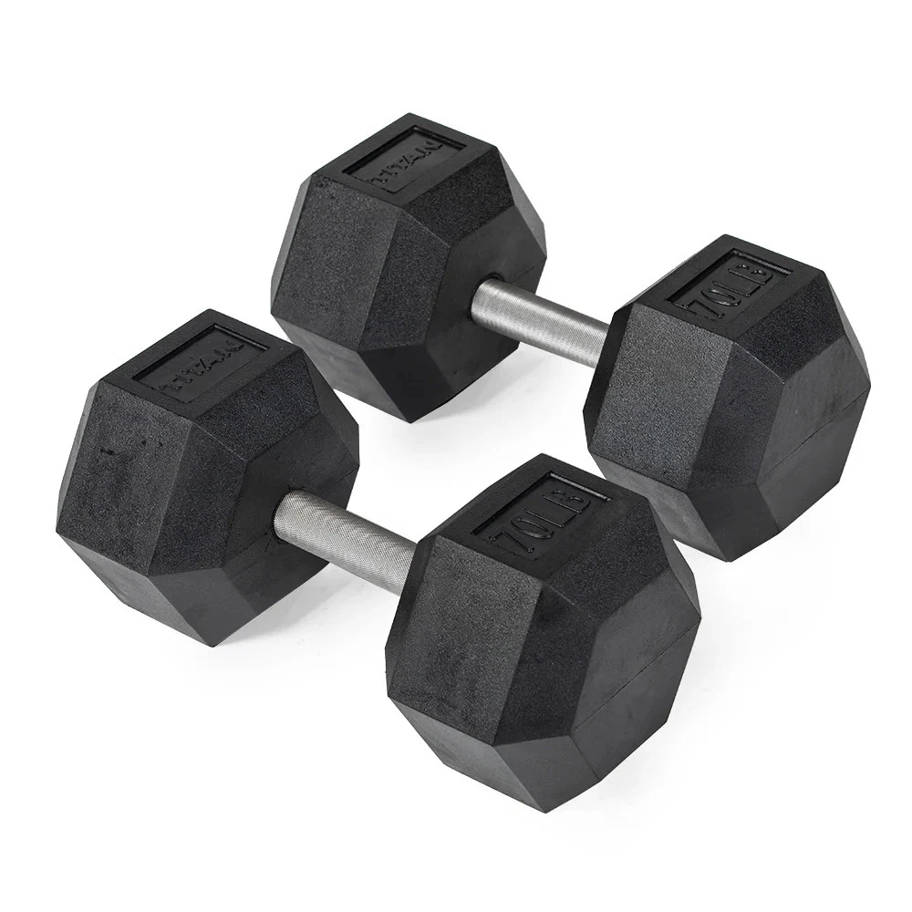 Titan Fitness 70 LB Pair Free Weights, Black Rubber Coated Hex Dumbbell, Straigh