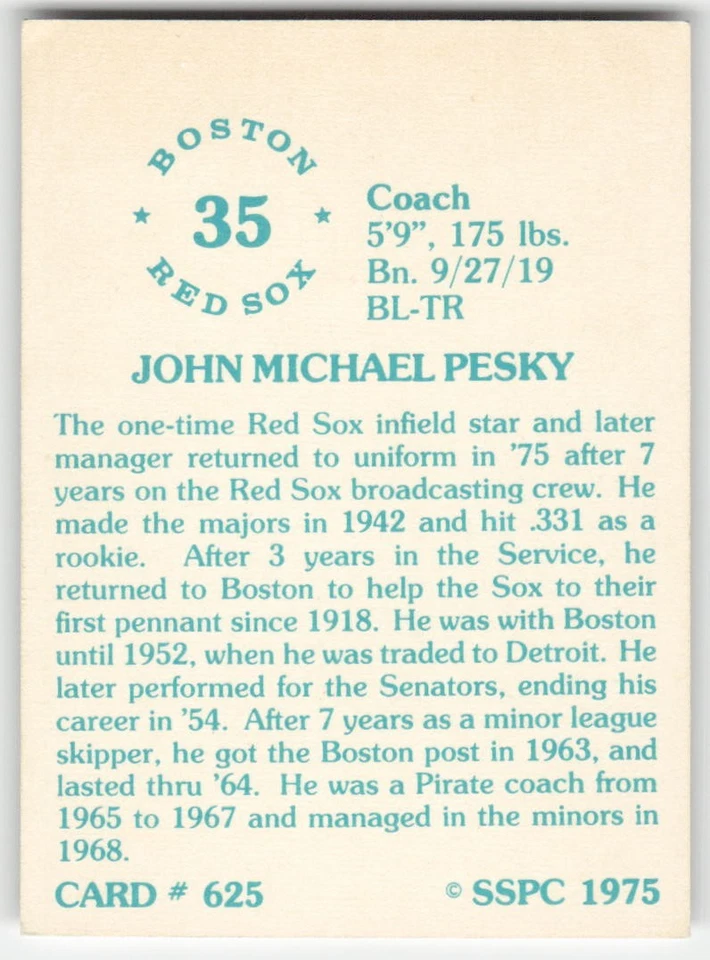 1976 SSPC #625 Johnny Pesky In Person Signed Auto 56397 - Image 2 of 2