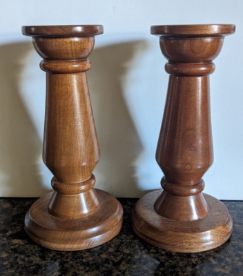 Pair of Solid Walnut Hand-Turned Candleholders 9  tall. Base is 4.75''