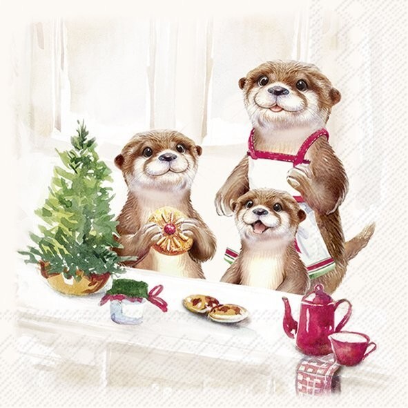4 x COCKTAIL Napkin/3Ply/25cm/Decoupage/Christmas/Animals/Otter Family Baking