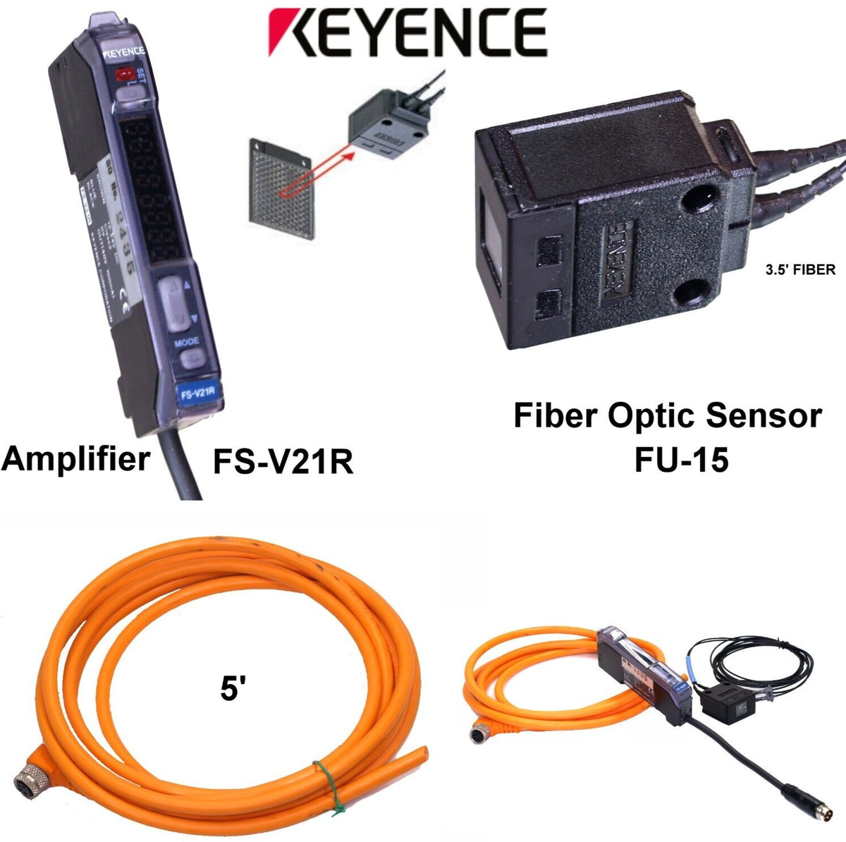 Keyence Fiber Optic Sensor FU-15 plus Amplifier FS-V21R 12 to 24