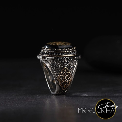 Seal of Solomon,Green Amber Stone,Handmade Engraving Art,925 Silver Men's Ring - Picture 5 of 8