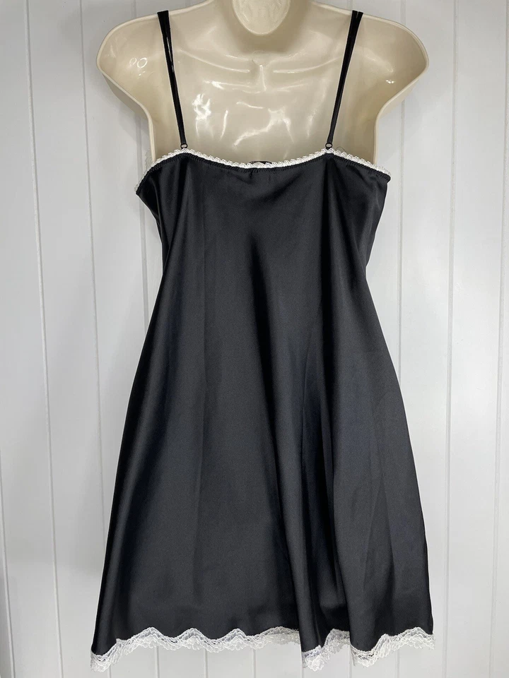 Vtg Victoria's Secret Black Satin Slip Dress Lingerie White Lace Trim Slit Large - Image 2 of 4