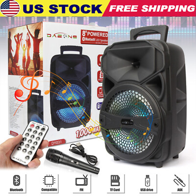1000W Portable 8'' FM Bluetooth Speaker Subwoofer Party Bass Sound System w/ Mic