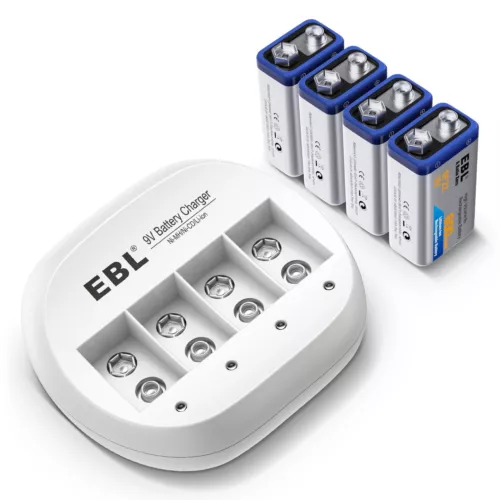 EBL 4x Rechargeable 9V Lithium ion Battery with 4 Bay 9V Battery Charger