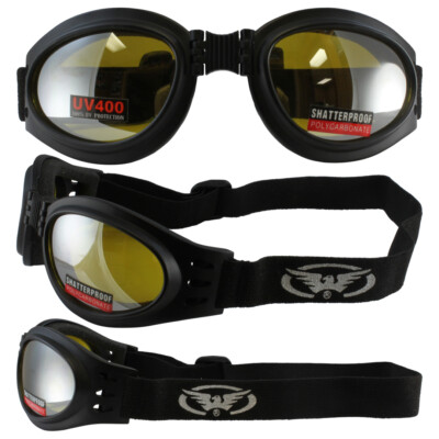 Global Vision Adventure Folding Motorcycle BLACK Goggles with YELLOW MIRROR Lens