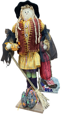 Halloween Witch Doll Pumpkin Broom Fall Collection Handmade Vintage 25  Tall