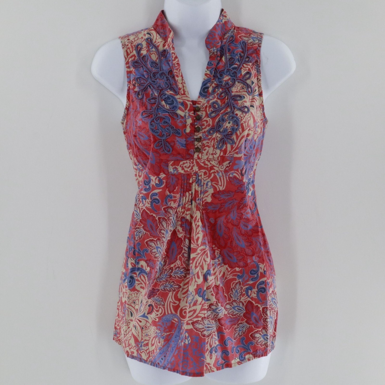 Sleeveless Embroidered Boho Top Women Petite 2 Red Mandarin Collar Resort Summer