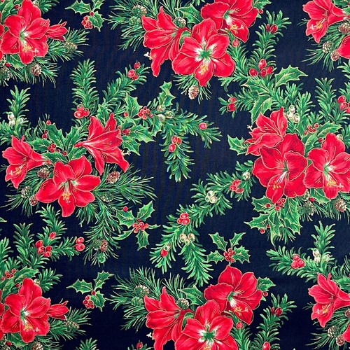 Christmas Lily Fabric Amaryllis Pine Holly Joan Messmore VIP Cotton BY THE YARD - Picture 9 of 10