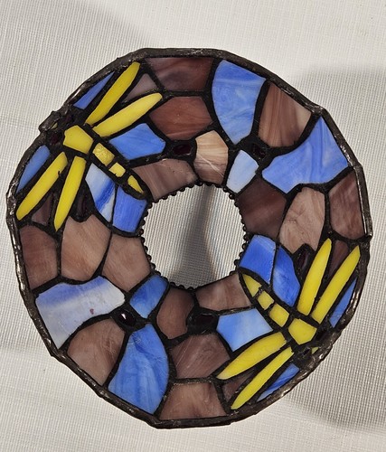 Buntglas Libelle Teelit Kerzenhalter 8" Lampenschirm LESEN hat Riss - Bild 10 von 17