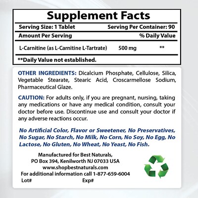 Best Naturals L-Carnitine Tartrate 500 mg 90 Tablets