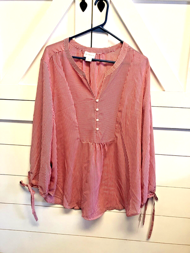 NWt Liz Claiborne Womens Red White Stripe Gingham Blouse XL 1/4 Button Peasant