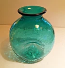 Vintage Blenko Glass WV Antique Green Crackled Pinched Vase 1995 9 1/2" Tall