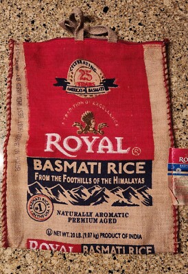 Empty 20 Lb Royal Basmati Rice Burlap Bag with Zipper and Handles / Bag only 