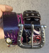 New Destroyed Ed Hardy Christian Audigier Y2K Panther/Rose/Logo Leather Belt SzM