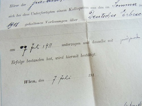 Zeugnis Universität WIEN 1911: Kolloquium über Deutsches Erbrecht (Jura), Sign. - 第 5/7 張圖片