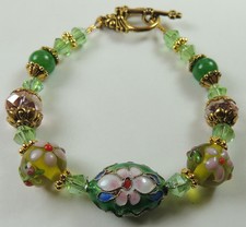 Floral LAMPWORK BRACELET WITH Cloisonne Flower Green CRYSTALS Bridesmaid